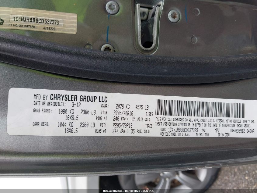 2012 Jeep Patriot Sport VIN: 1C4NJRBB8CD637379 Lot: 43187836