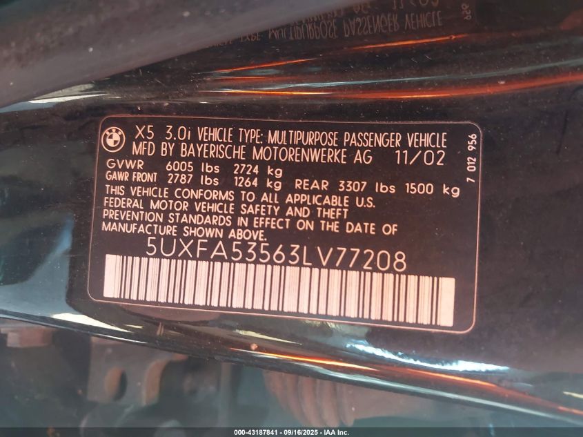 2003 BMW X5 3.0I VIN: 5UXFA53563LV77208 Lot: 43187841
