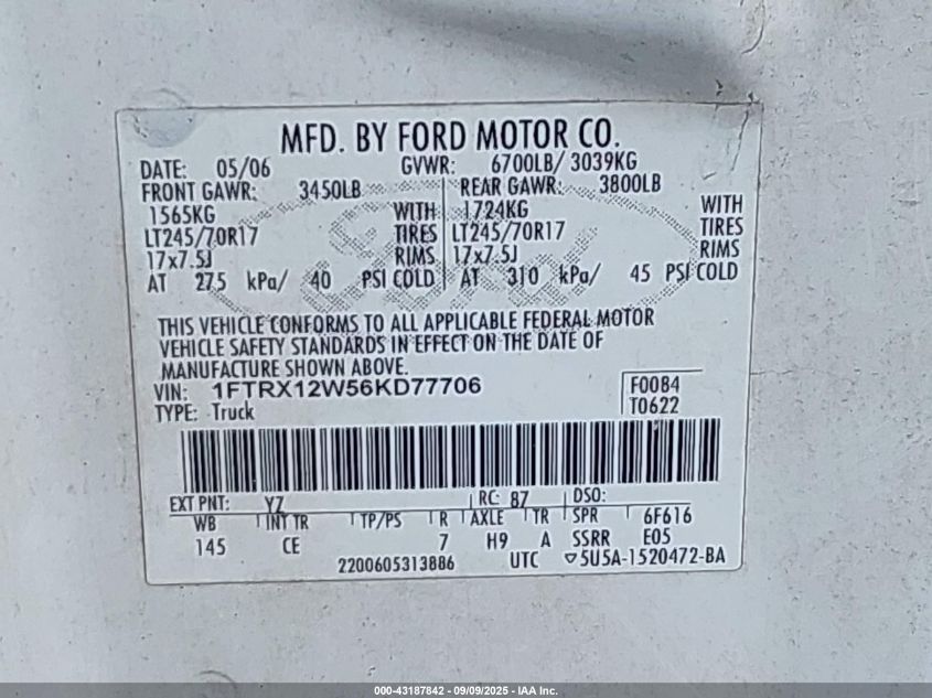 2006 Ford F-150 Stx/Xl/Xlt VIN: 1FTRX12W56KD77706 Lot: 43187842