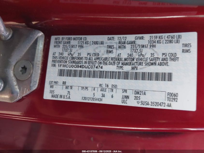 2013 Ford Escape Se VIN: 1FMCU0G94DUC07474 Lot: 43187856