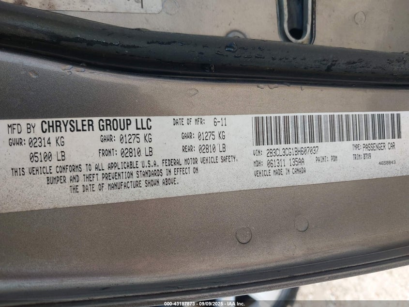 2011 Dodge Charger VIN: 2B3CL3CG1BH607037 Lot: 43187873