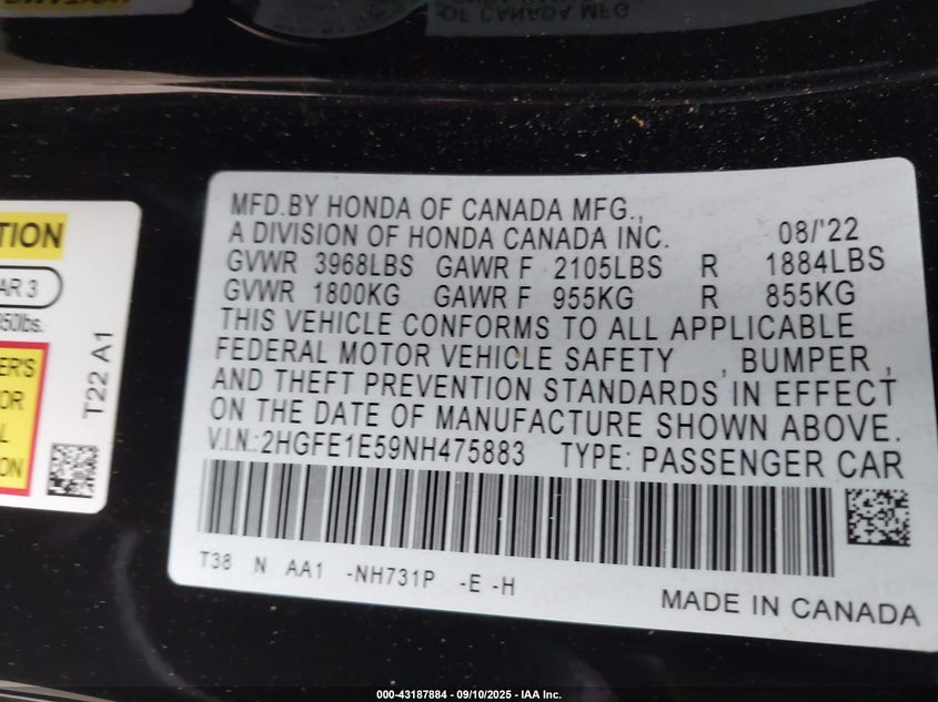 2022 HONDA CIVIC SI SEDAN - 2HGFE1E59NH475883
