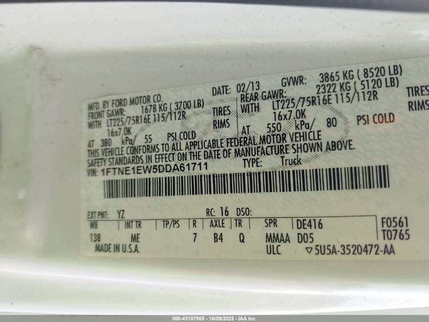 2013 Ford E-150 Commercial VIN: 1FTNE1EW5DDA61711 Lot: 43187905