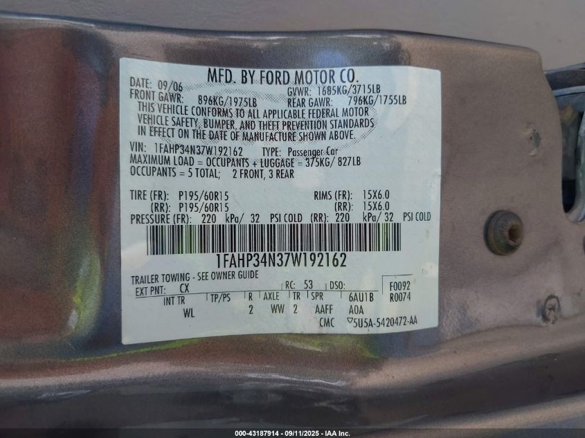 2007 Ford Focus S/Se/Ses VIN: 1FAHP34N37W192162 Lot: 43187914