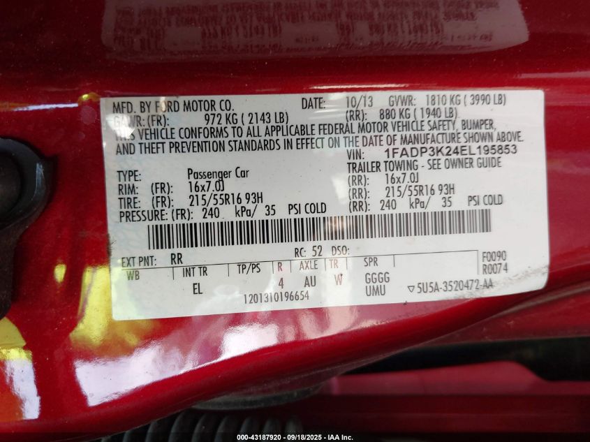 2014 Ford Focus Se VIN: 1FADP3K24EL195853 Lot: 43187920