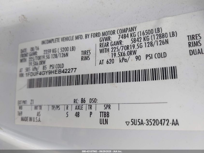 2017 Ford F-450 Chassis Xl VIN: 1FDUF4GY9HEB42277 Lot: 43187963