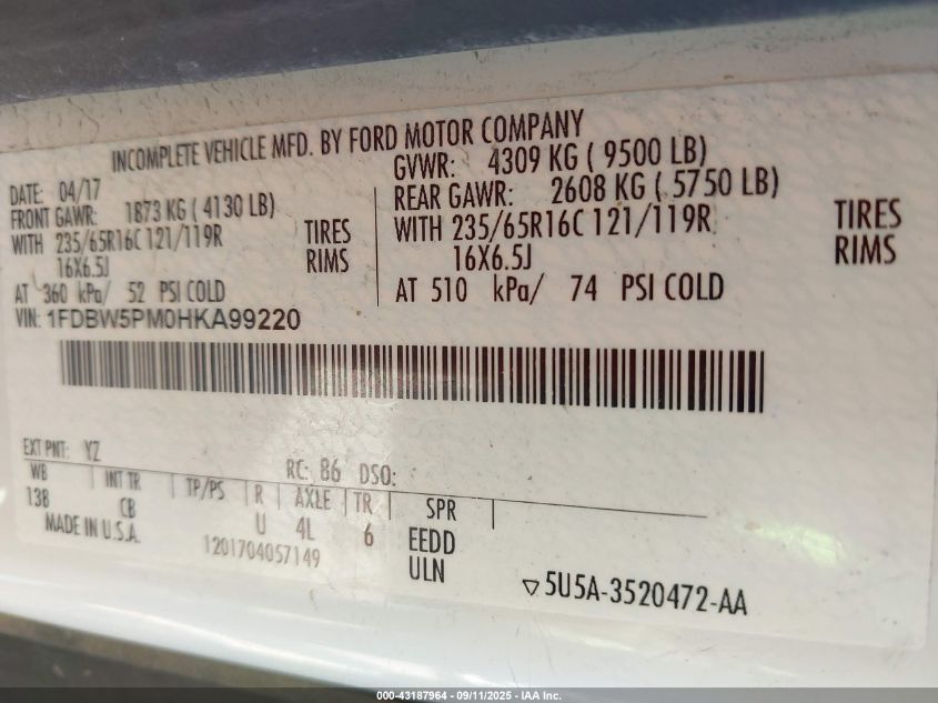 2017 Ford Transit-350 Cutaway VIN: 1FDBW5PM0HKA99220 Lot: 43187964