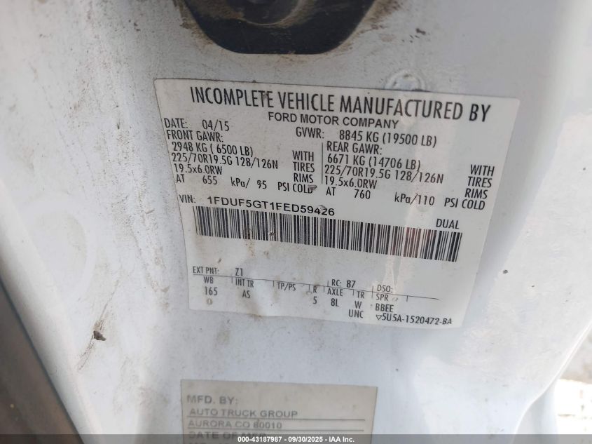 2015 Ford F-550 Chassis Xl VIN: 1FDUF5GT1FED59426 Lot: 43187987