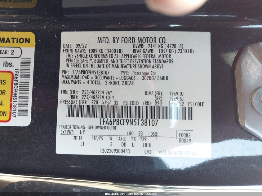 2022 FORD MUSTANG GT PREMIUM FASTBACK - 1FA6P8CF9N5138107