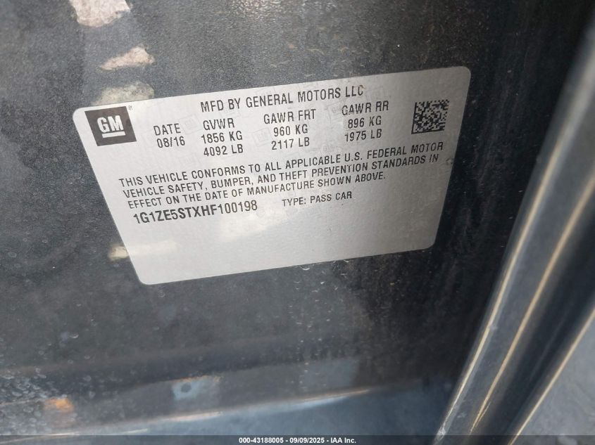 2017 Chevrolet Malibu 1Lt VIN: 1G1ZE5STXHF100198 Lot: 43188005