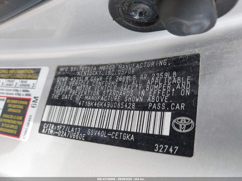 2009 Toyota Camry Xle V6 VIN: 4T1BK46K49U085428 Lot: 43188006