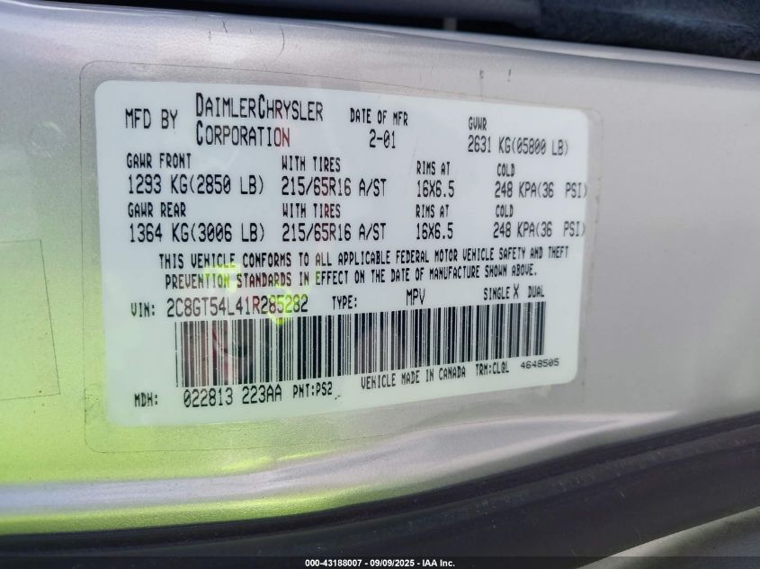 2001 Chrysler Town & Country Lxi VIN: 2C8GT54L41R285282 Lot: 43188007