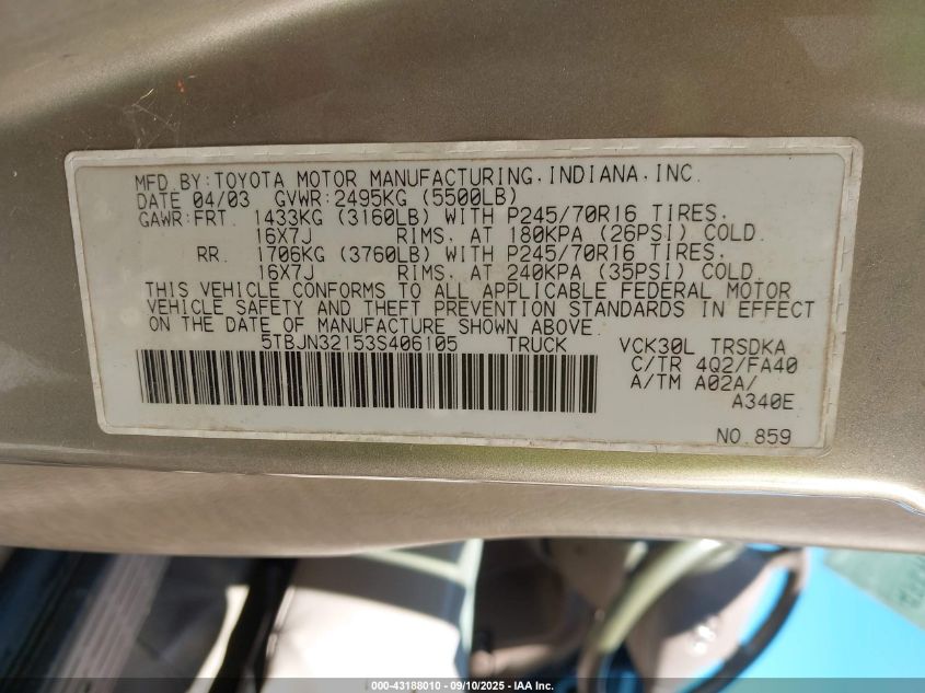 2003 Toyota Tundra VIN: 5TBJN32153S406105 Lot: 43188010