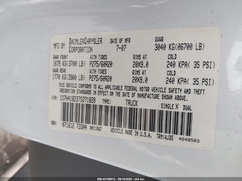 2007 Dodge Ram 1500 Slt VIN: 1D7HA18237S271828 Lot: 43188012