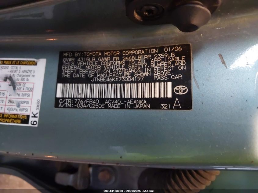 2007 Toyota Camry Le VIN: JTNBE46KX73004197 Lot: 43188030