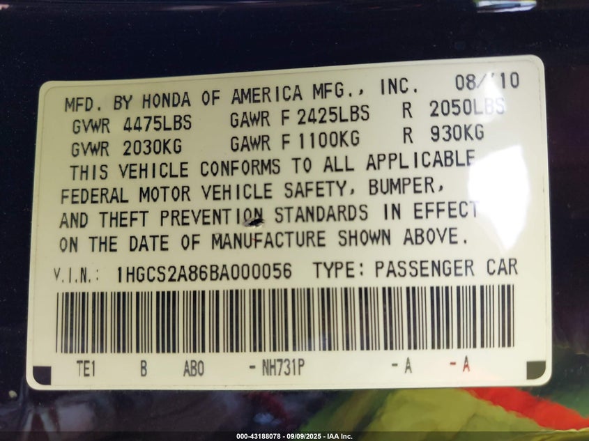 2011 Honda Accord 3.5 Ex-L VIN: 1HGCS2A86BA000056 Lot: 43188078