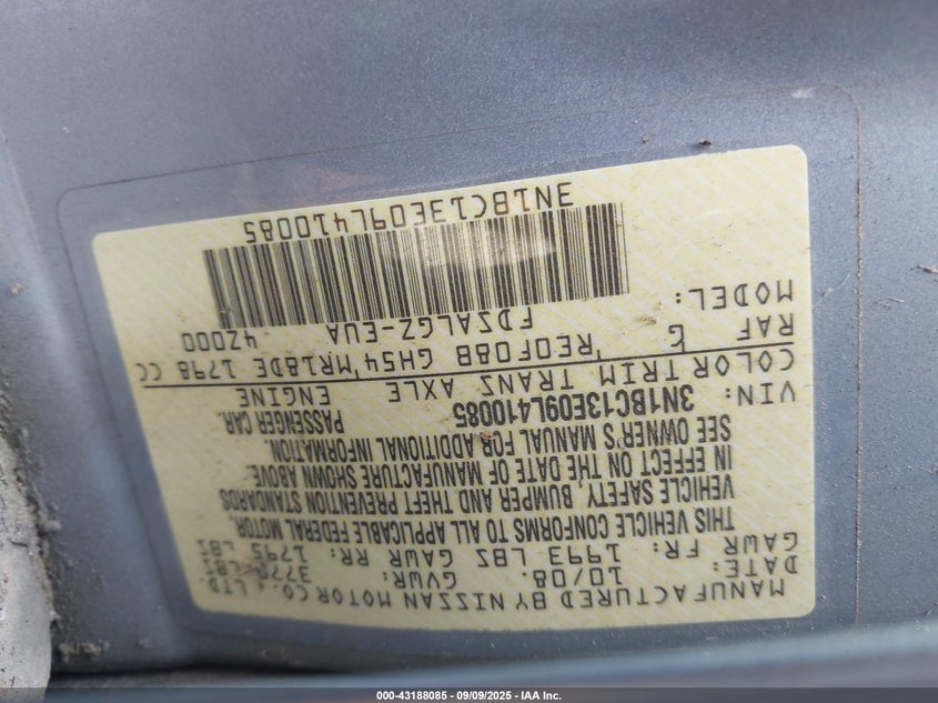 2009 Nissan Versa 1.8Sl VIN: 3N1BC13E09L410085 Lot: 43188085