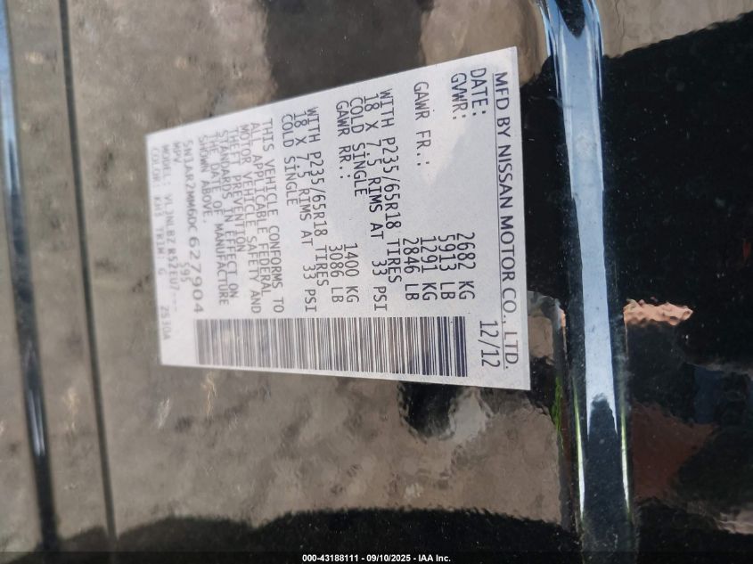 2013 Nissan Pathfinder S VIN: 5N1AR2MM6DC627904 Lot: 43188111