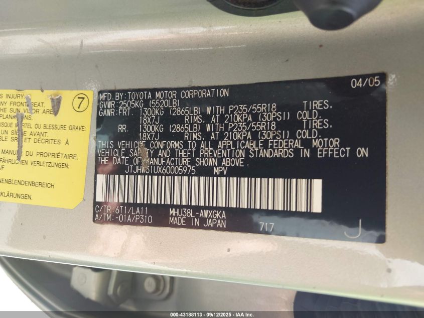 2006 Lexus Rx 400H VIN: JTJHW31UX60005975 Lot: 43188113