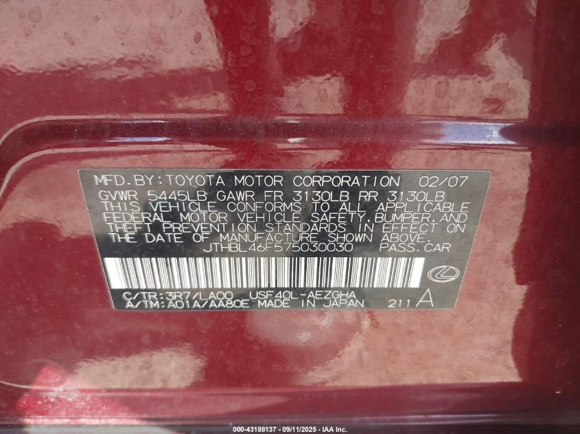 2007 Lexus Ls 460 VIN: JTHBL46F575030030 Lot: 43188137