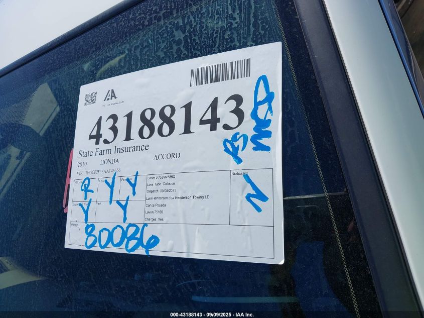 2010 Honda Accord 2.4 Lx VIN: 1HGCP2F33AA146556 Lot: 43188143