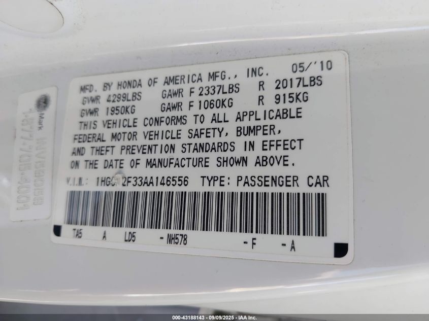 2010 Honda Accord 2.4 Lx VIN: 1HGCP2F33AA146556 Lot: 43188143