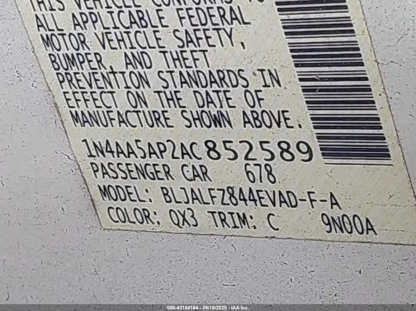 2010 Nissan Maxima 3.5 Sv VIN: 1N4AA5AP2AC852589 Lot: 43188164