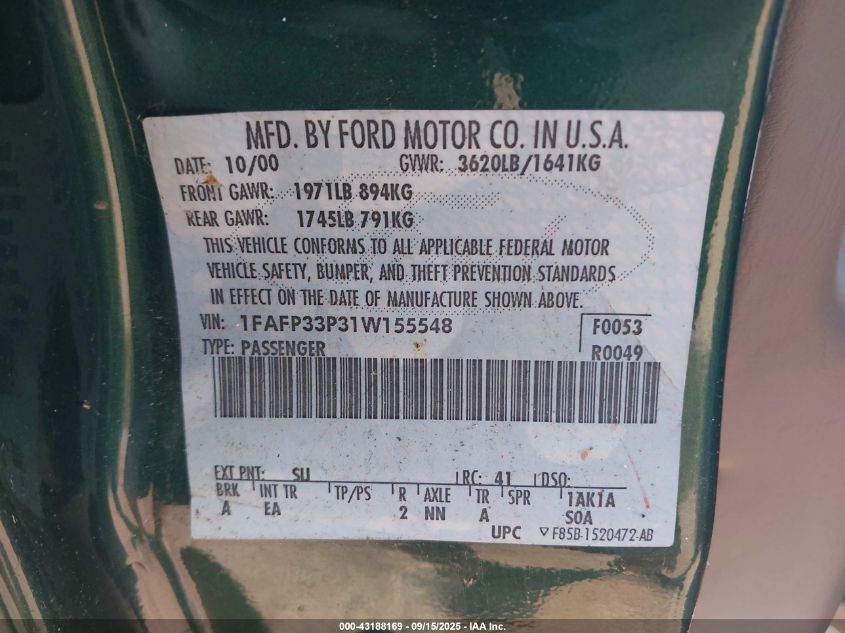 2001 Ford Focus Lx VIN: 1FAFP33P31W155548 Lot: 43188169