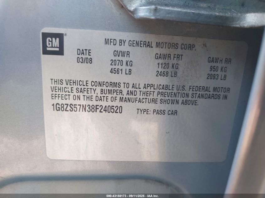 2008 Saturn Aura Xe VIN: 1G8ZS57N38F240520 Lot: 43188173