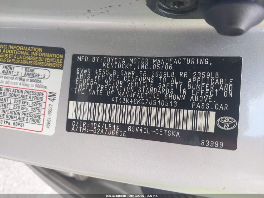 2007 Toyota Camry Se V6 VIN: 4T1BK46K07U510513 Lot: 43188188