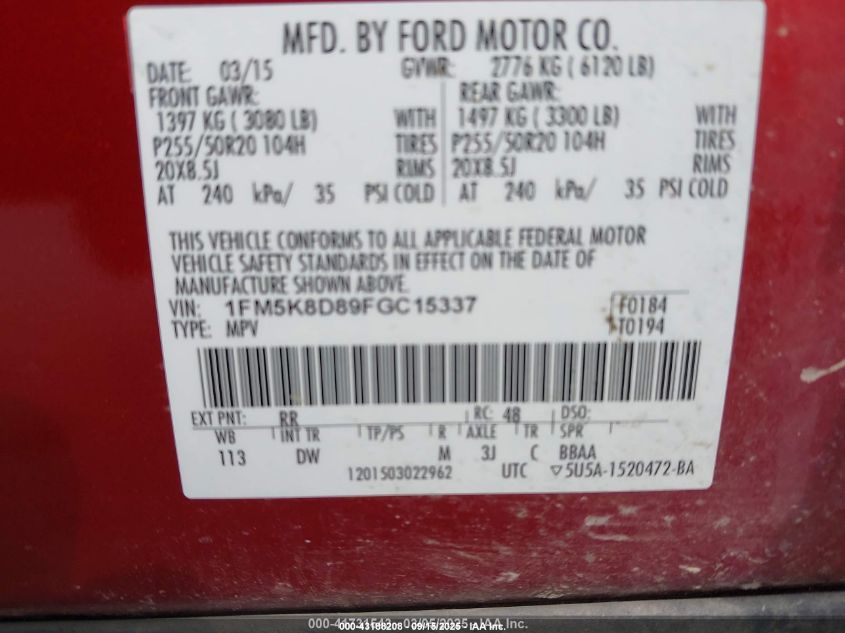 2015 Ford Explorer Xlt VIN: 1FM5K8D89FGC15337 Lot: 43188208