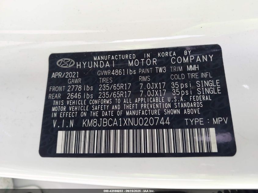 2022 Hyundai Tucson Hybrid Blue VIN: KM8JBCA1XNU020744 Lot: 43188233