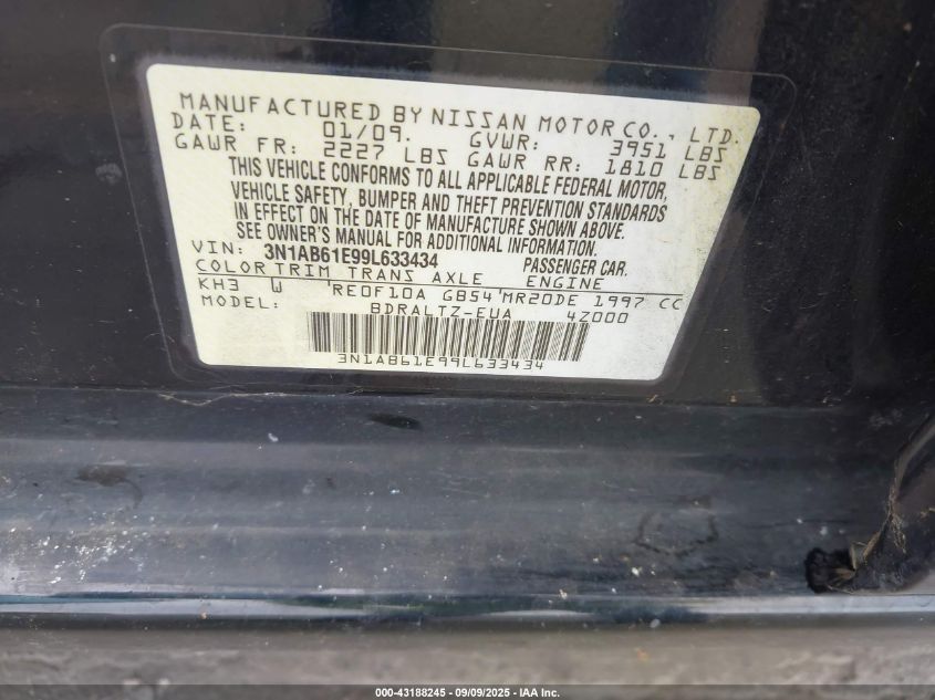 2009 Nissan Sentra 2.0S VIN: 3N1AB61E99L633434 Lot: 43188245
