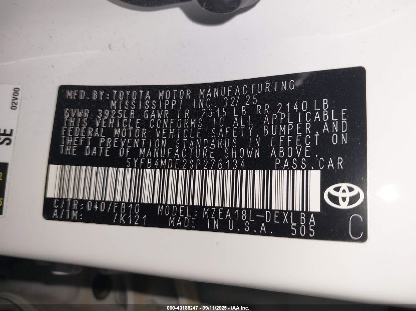 2025 Toyota Corolla Le VIN: 5YFB4MDE2SP276134 Lot: 43188247