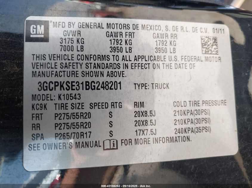 2011 Chevrolet Silverado 1500 Lt VIN: 3GCPKSE31BG248201 Lot: 43188252