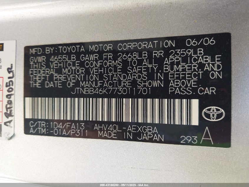 2007 Toyota Camry Hybrid VIN: JTNBB46K773011701 Lot: 43188280