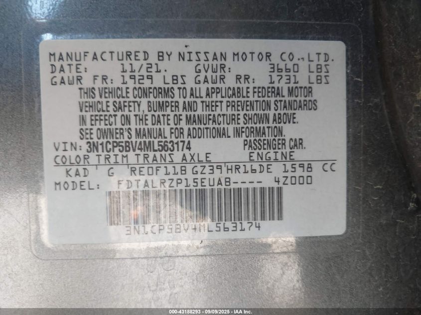 2021 Nissan Kicks S Xtronic Cvt VIN: 3N1CP5BV4ML563174 Lot: 43188293