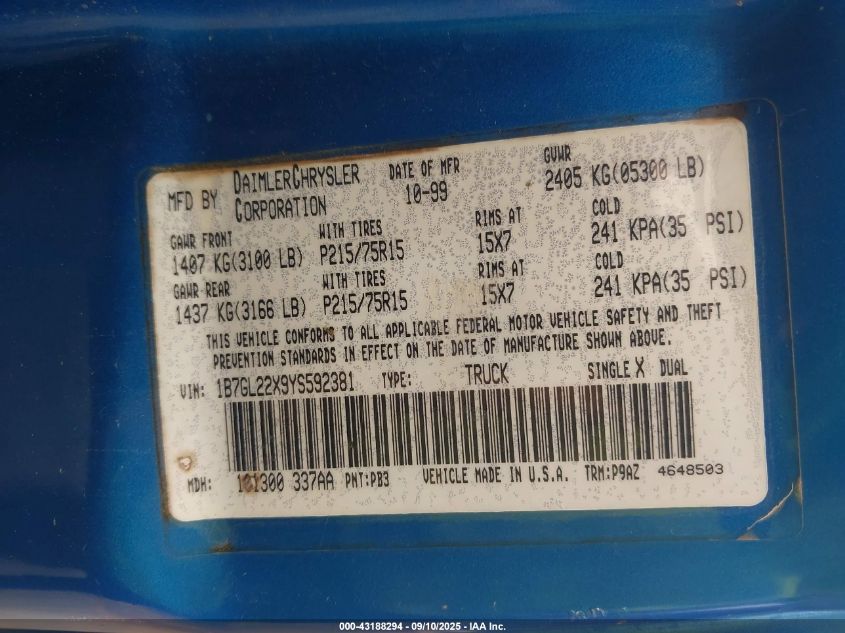 2000 Dodge Dakota Slt/Sport VIN: 1B7GL22X9YS592381 Lot: 43188294