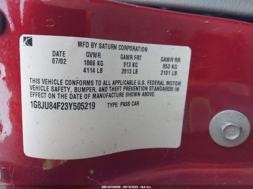 2003 Saturn L-Series Lw200 VIN: 1G8JU84F23Y505219 Lot: 43188296