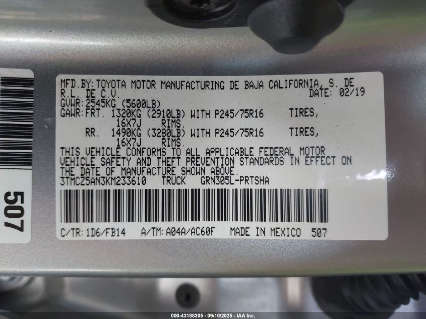 2019 Toyota Tacoma Double Cab/Sr/Sr5/Trd Sport/Trd Off Road/Trd Pro VIN: 3TMCZ5AN3KM233610 Lot: 43188305