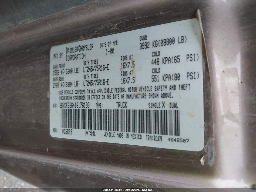 2001 Dodge Ram 2500 St VIN: 3B7KF23641G176193 Lot: 43188312