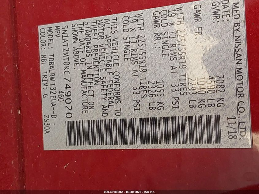 2019 Nissan Rogue Sl VIN: 5N1AT2MT0KC749020 Lot: 43188361