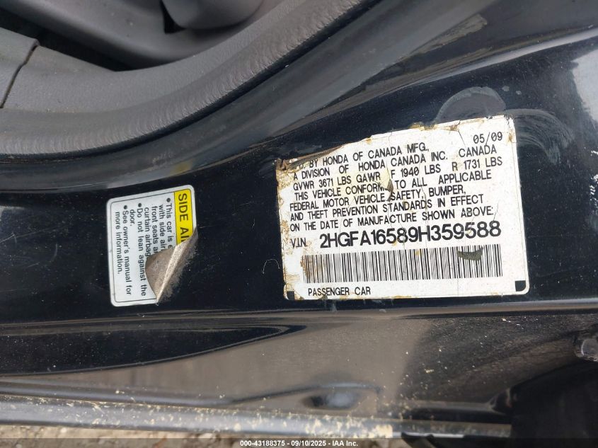 2009 Honda Civic Lx VIN: 2HGFA16589H359588 Lot: 43188375