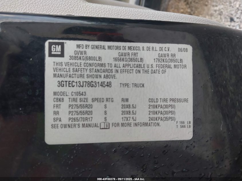 2008 GMC Sierra 1500 Sle1 VIN: 3GTEC13J78G314548 Lot: 43188376
