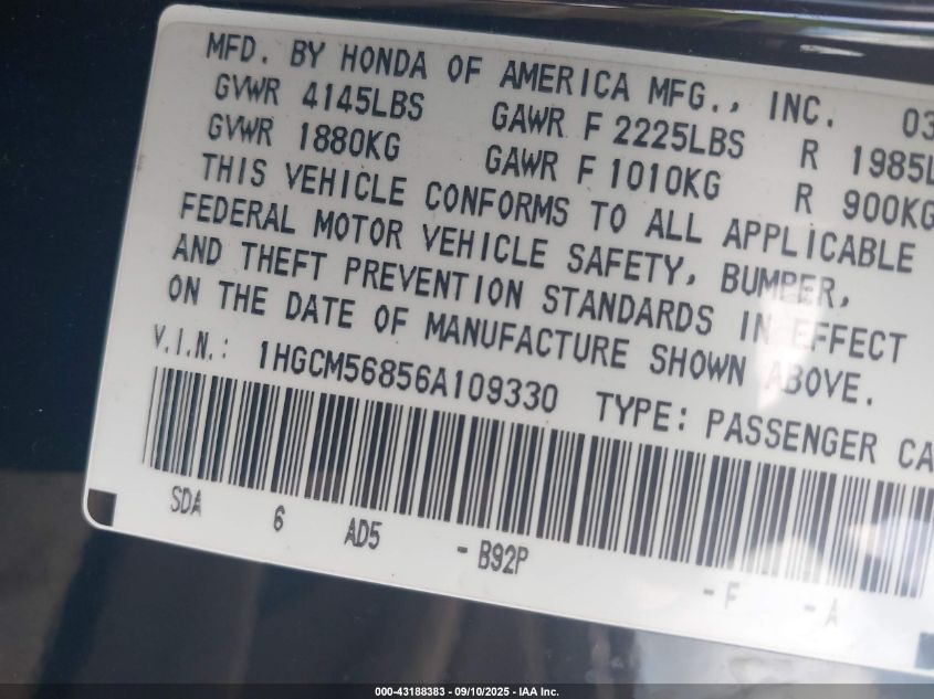 2006 Honda Accord 2.4 Ex VIN: 1HGCM56856A109330 Lot: 43188383