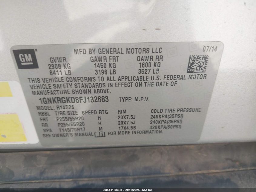 2015 Chevrolet Traverse 1Lt VIN: 1GNKRGKD8FJ132683 Lot: 43188388