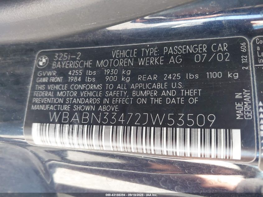 2002 BMW 325Ci VIN: WBABN33472JW53509 Lot: 43188394