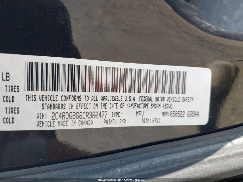 2012 Dodge Grand Caravan Se/Avp VIN: 2C4RDGBG6CR360477 Lot: 43188395