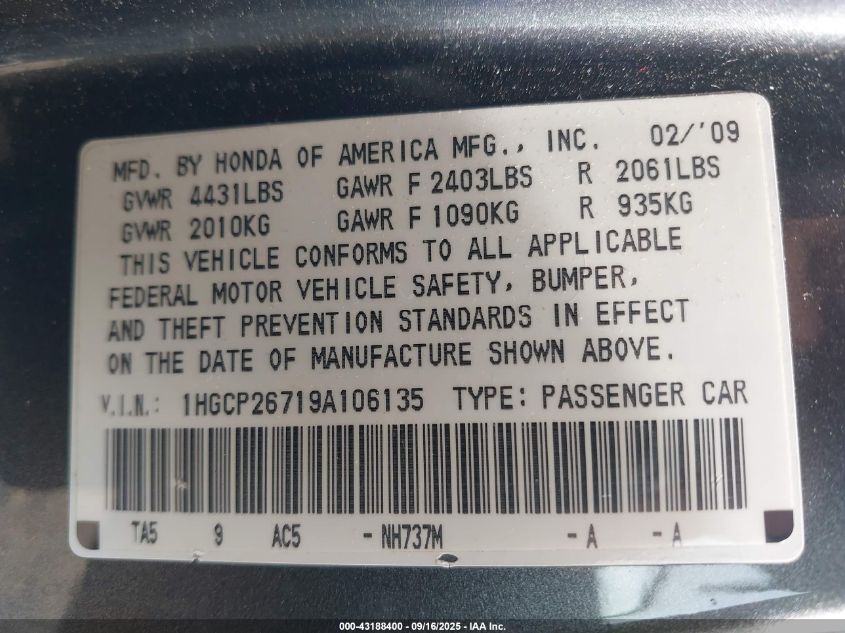 2009 Honda Accord 2.4 Ex VIN: 1HGCP26719A106135 Lot: 43188400