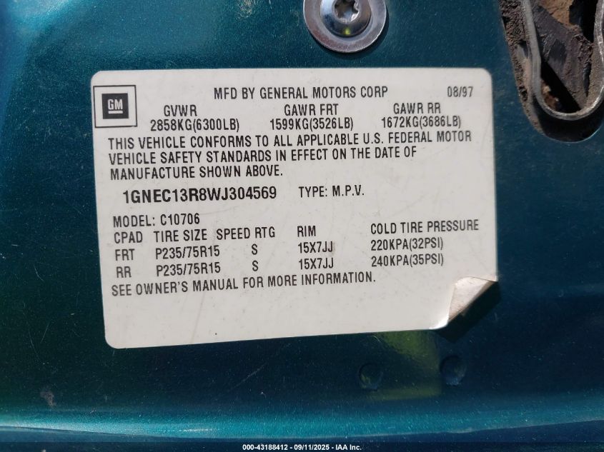 1998 Chevrolet Tahoe Ls VIN: 1GNEC13R8WJ304569 Lot: 43188412